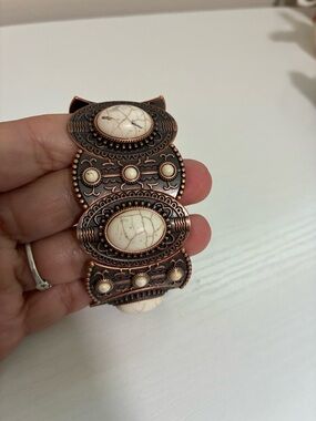 Bronze-Tone White Stone Owl Bracelet